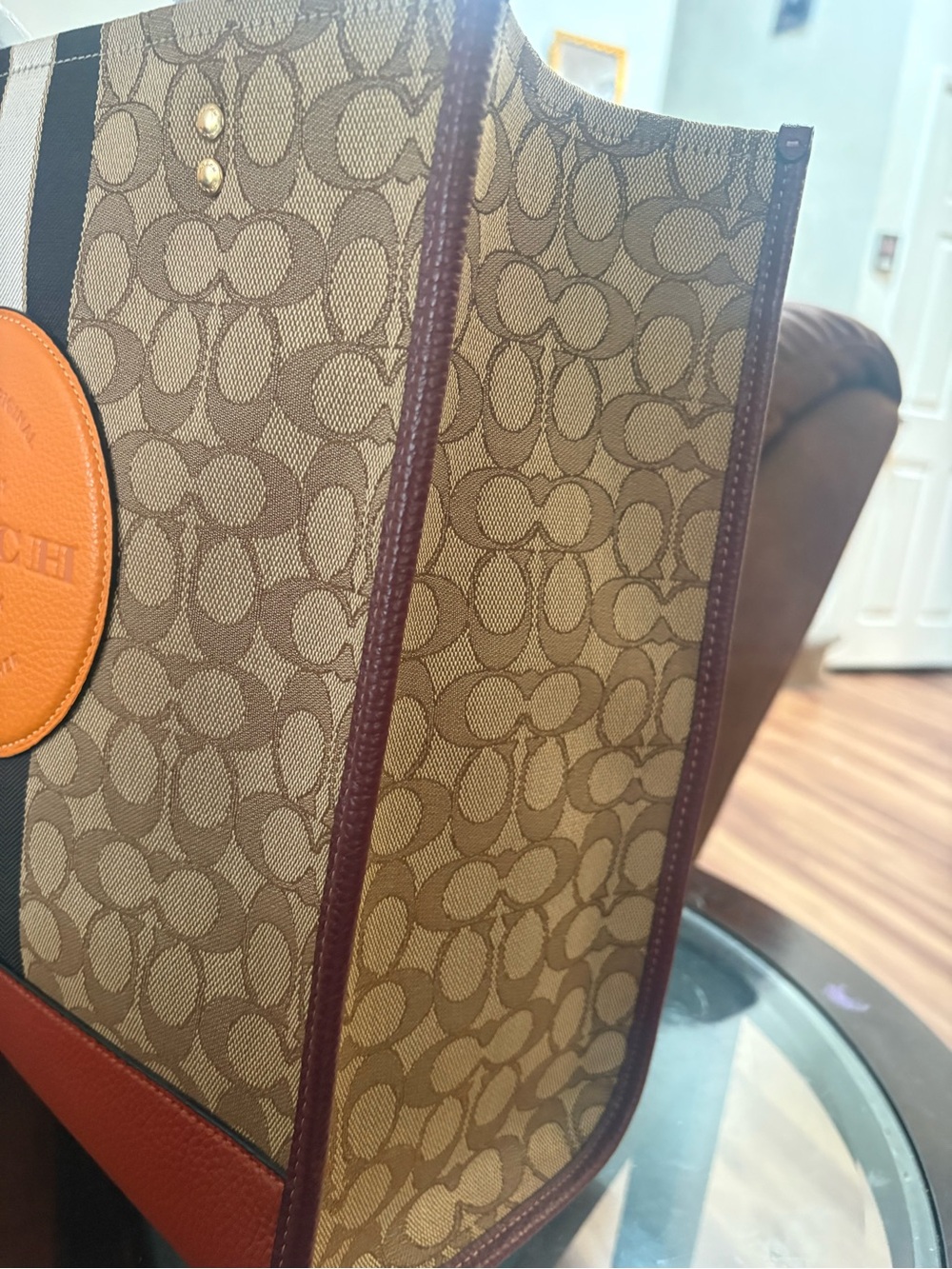 Coach women  Signature Canvas Tote with Orange Patch and Brown Trim - Picture 3 of 9
